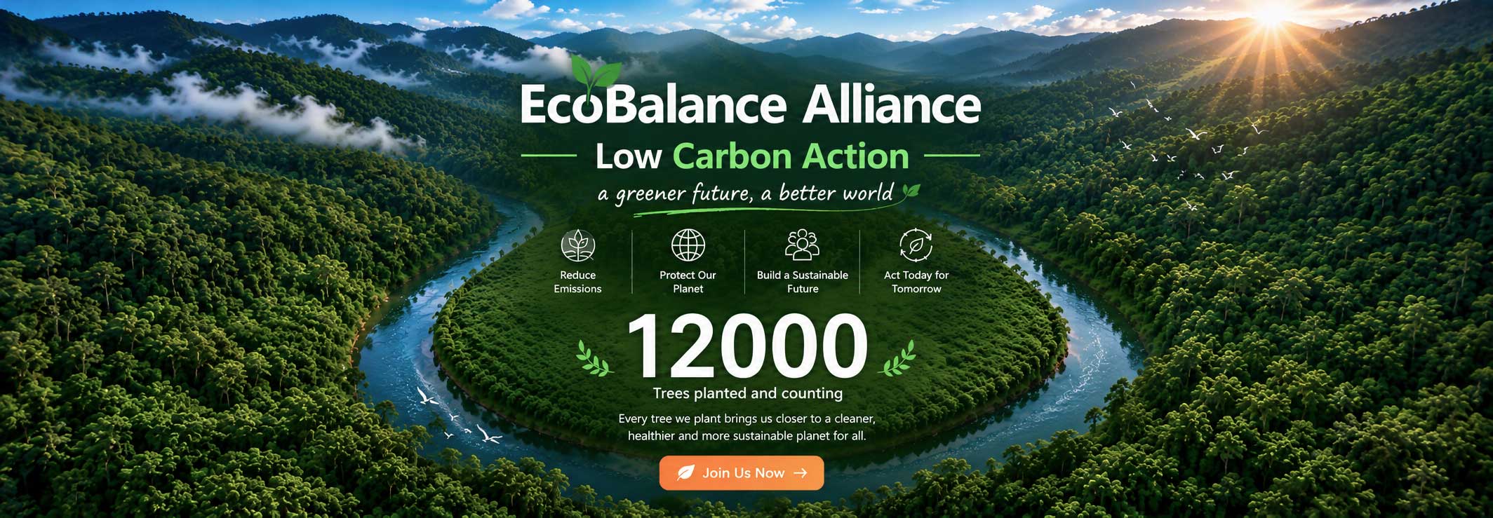 Aerial view of a rainforest and river representing Queen Rose's EcoBalance Alliance partnership, supporting tree planting, carbon reduction, and environmental sustainability.