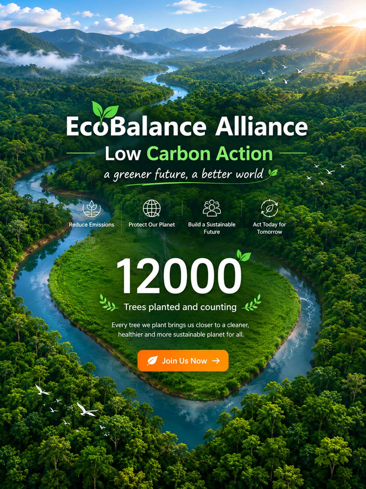 Aerial view of a rainforest and river representing Queen Rose's EcoBalance Alliance partnership, supporting tree planting, carbon reduction, and environmental sustainability.